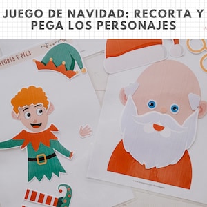 May include: A printable Christmas game for kids featuring Santa Claus and an elf. The game includes cut-out pieces of Santa's face, beard, glasses, and hat, as well as the elf's face, body, and hat. The game is titled "Juego de Navidad: Recorta y Pega los Personajes" which translates to "Christmas Game: Cut and Paste the Characters".