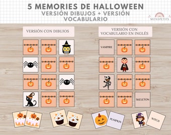 5 Erinnerungen Halloween, Juego, Memory, Vocabulario Niños, Imprimible, Español, Català, Aprendizaje, Descarga Digital, Educación, Homeschooling