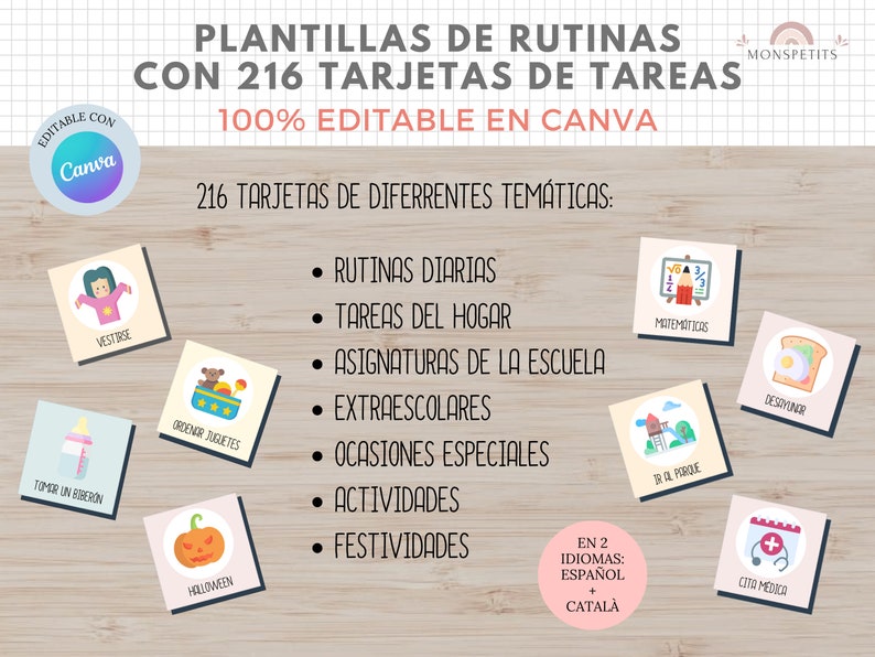 Plantillas de Rutinas con 216 tarjetas de tareas para niños, EDITABLE en Canva, Español, Català, Imprimible en PDF, Digital, Homeschooling imagen 5