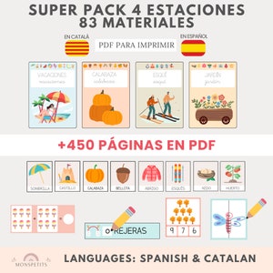 Puede incluir: Una ilustración colorida de un paquete de materiales educativos para niños. El paquete incluye 83 materiales y más de 450 páginas de actividades. Los materiales están diseñados para enseñar a los niños sobre las cuatro estaciones. La imagen incluye ilustraciones de una playa, calabazas, una escena de invierno y un jardín. El texto en la imagen dice "Super Pack 4 Estaciones 83 Materiales" y "Idiomas: Español & Catalán".