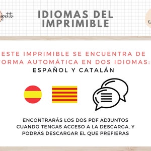 Op de afbeelding: Een printbaar document is beschikbaar in zowel Spaans als Catalaans. De afbeelding toont de vlaggen van Spanje en Cataloni&euml;, samen met een spraakballonpictogram dat de twee talen voorstelt.