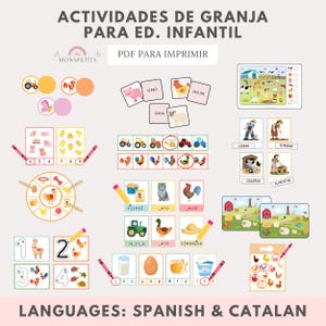 May include: A collection of farm-themed educational printables, featuring illustrations of farm animals, tractors, and activities. The text includes "ACTIVIDADES DE GRANJA PARA ED. INFANTIL" and "PDF PARA IMPRIMIR." The image also displays "LANGUAGES: SPANISH & CATALAN."