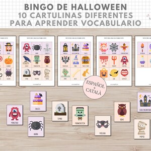 Bingo Temática Halloween, Juego, Vocabulario Niños, Imprimible, Español, Català, Aprendizaje, Descarga Digital, Educación, Homeschooling imagen 4