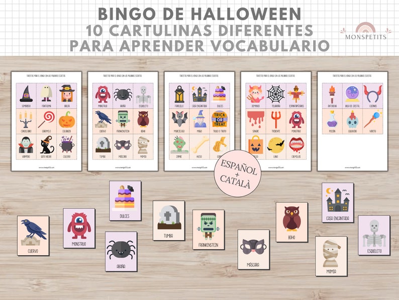 Bingo Temática Halloween, Juego, Vocabulario Niños, Imprimible, Español, Català, Aprendizaje, Descarga Digital, Educación, Homeschooling imagen 4