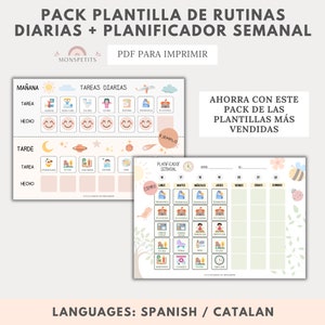 Pack 2 Plantillas Rutinas, Planificador Diario y Planificador Semanal, Rutinas Niños, Organización, Español Català, Imprimible Educativo