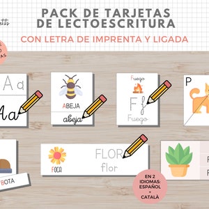 Pack Tarjetas Lectoescritura, Español y Catalán, Repasar palabras, Abecedario, Imprimible Niños, Homeschooling, Descarga digital