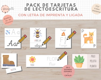 Pack Tarjetas Lectoescritura, Español y Catalán, Repasar palabras, Abecedario, Imprimible Niños, Homeschooling, Descarga digital