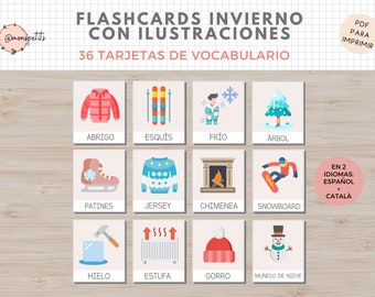 36 Flashcards vocabulario invierno, Ilustraciones, Imprimible Niños, ESPAÑOL i CATALÀ, Homeschooling, Lectoescritura, Educación Infantil