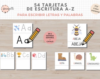 54 Tarjetas Escribir Letras, Español y Catalán, Abecedario, Lectoescritura, Imprimible Niños, Homeschooling, Descarga digital, Actividades