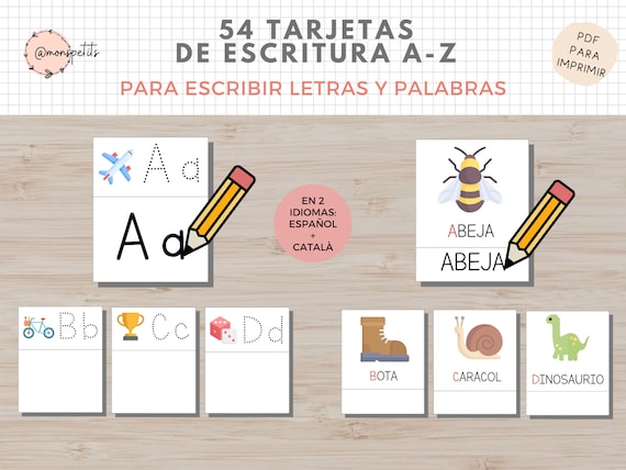 54 Tarjetas Escribir Letras, Español y Catalán, Abecedario, Lectoescritura, Imprimible Niños, Homeschooling, Descarga digital, Actividades