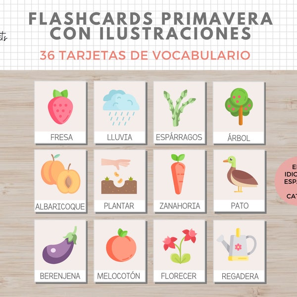 36 Flashcards Vocabulario Primavera, Dibujos, Imprimible Niños, Español i Català, Homeschooling, Descarga digital, Actividades Educacion