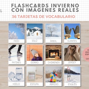 36 Flashcards Vocabulario Invierno, Imágenes Reales, Imprimible Niños Español i Català, Thuisonderwijs, Descarga digital, Educacion