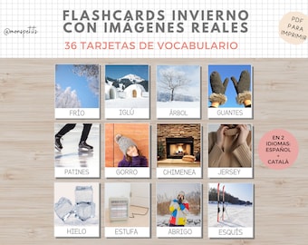 36 Flashcards Vocabulario Invierno, Imágenes Reales, Imprimible Niños Español i Català, Homeschooling, Descarga digital, Educacion