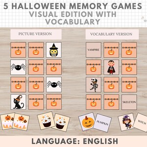 5 Halloween Memory Games, Vocabulary for Kids, Printable, English, Learning, Digital Download, Education, Homeschooling