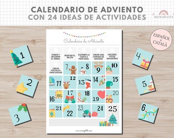 Calendario Adviento Imprimible, Plantilla con 24 Ideas de Actividades, Navidad, Español, Català, Descarga Digital, Homeschooling