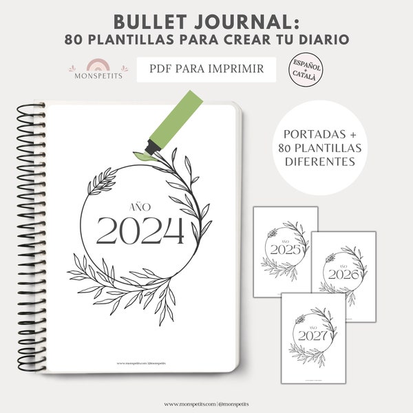 Bullet Journal, 80 plantillas, Diario & Agenda, Imprimible, Plantillas Registro, Organización, Hábitos, Descarga Digital, Imprimible