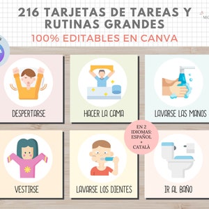 216 tarjetas de Rutinas Grandes para Niños, EDITABLE en Canva, Español, Català, Imprimible Educativo, Plantilla PDF, Digital, Homeschooling imagen 1