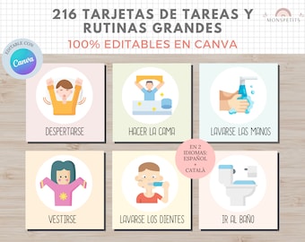 216 tarjetas de Rutinas Grandes para Niños, EDITABLE en Canva, Español, Català, Imprimible Educativo, Plantilla PDF, Digital, Homeschooling