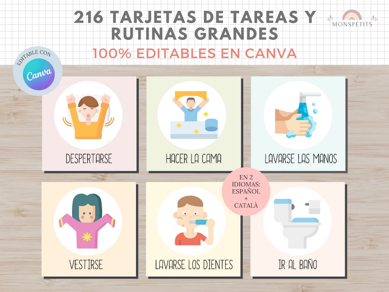 216 tarjetas de Rutinas Grandes para Niños, EDITABLE en Canva, Español, Català, Imprimible Educativo, Plantilla PDF, Digital, Homeschooling image 1