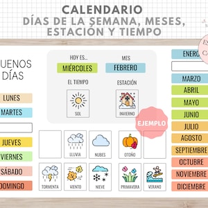 Calendario Días Semana, Estación, Tiempo, Emociones, Organización Niños, Español, Català, Asamblea, Rutinas y Hábitos, Educación Infantil imagen 1