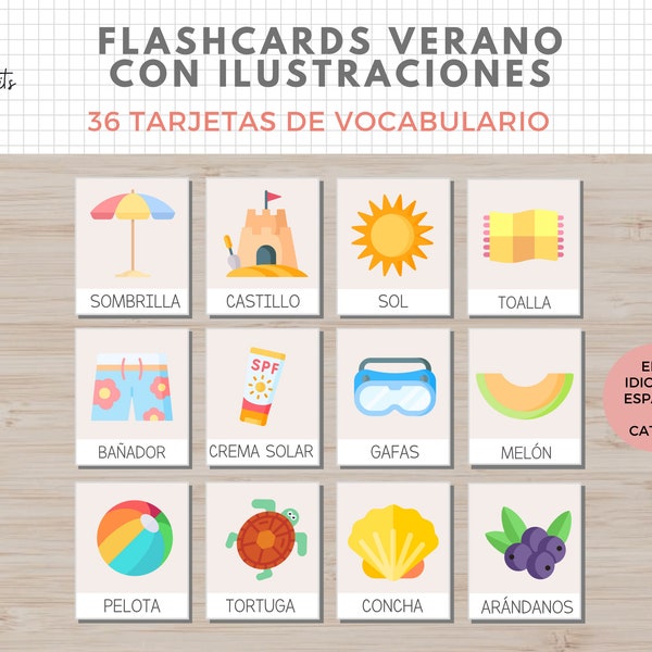 36 Flashcards Vocabulario Verano, Dibujos, Imprimible Niños Español i Català, Homeschooling, Descarga digital, Actividades Educacion