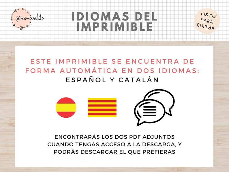 May include: A printable document is available in both Spanish and Catalan. The image shows the flags of Spain and Catalonia, along with a speech bubble icon representing the two languages.
