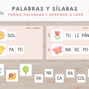 May include: A Spanish language educational worksheet with colorful illustrations of a sun, duck, flower, and butterfly. The worksheet is titled "Palabras y S&iacute;labas" and includes the words "Sol", "Pato", "Tu Li P&aacute;n", and "Ma Ri Po Sa".
