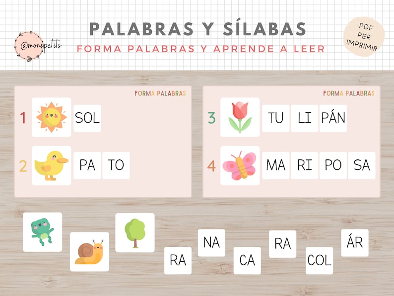 May include: A Spanish language educational worksheet with colorful illustrations of a sun, duck, flower, and butterfly. The worksheet is titled "Palabras y S&iacute;labas" and includes the words "Sol", "Pato", "Tu Li P&aacute;n", and "Ma Ri Po Sa".