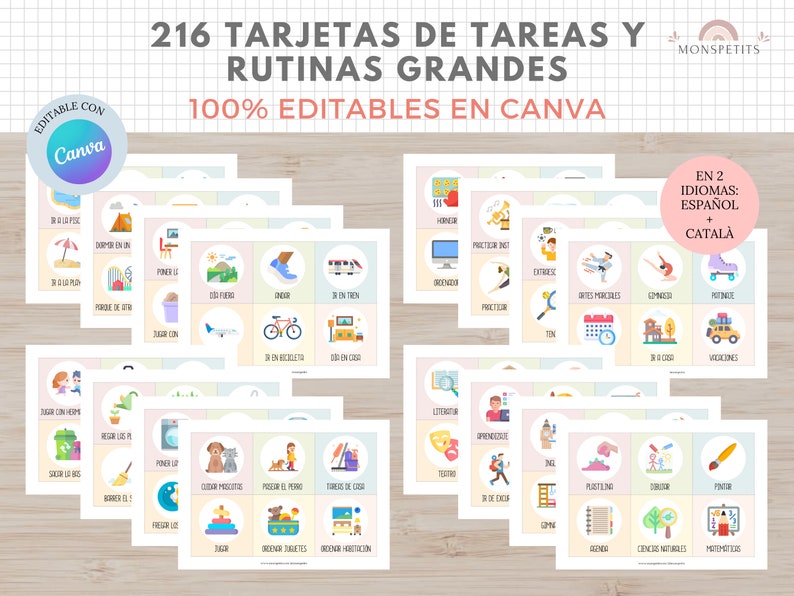 216 tarjetas de Rutinas Grandes para Niños, EDITABLE en Canva, Español, Català, Imprimible Educativo, Plantilla PDF, Digital, Homeschooling imagen 5