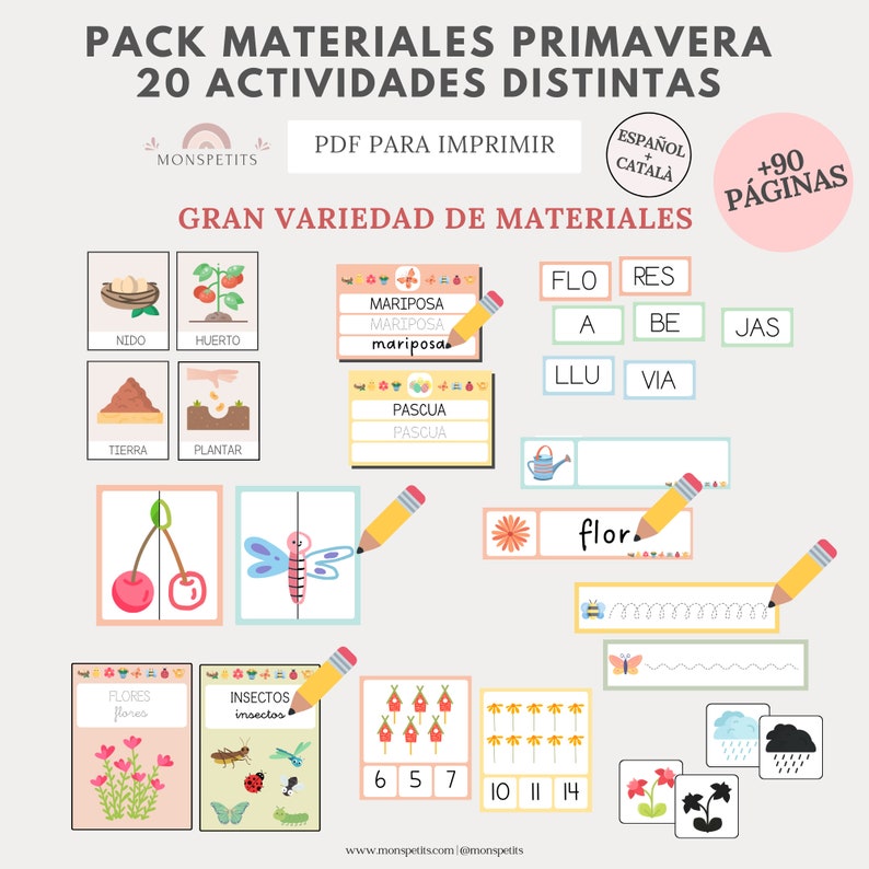 Mega Pack Materiales Primavera, 20 actividades, 90 páginas, Lectoescritura, Números, Imprimible, Español, Català, Educación, Homeschooling imagen 1