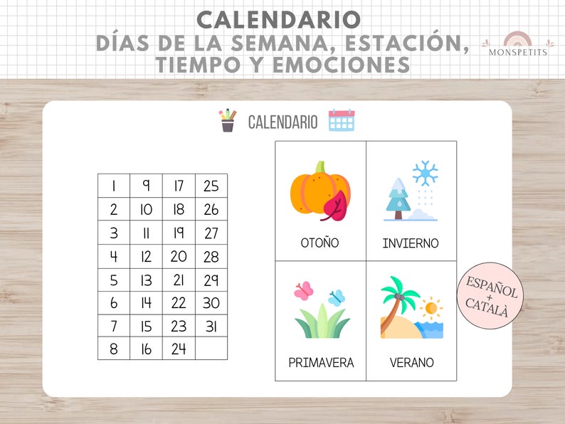 Calendario Días Semana, Estación, Tiempo, Emociones, Organización Niños, Español, Català, Asamblea, Rutinas y Hábitos, Educación Infantil imagen 3