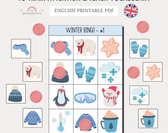 Bingo visual con temática de invierno, juego, vocabulario infantil, imprimible, inglés, aprendizaje, descarga digital, educación, educación en el hogar, PDF