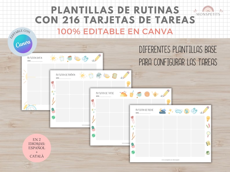 Plantillas de Rutinas con 216 tarjetas de tareas para niños, EDITABLE en Canva, Español, Català, Imprimible en PDF, Digital, Homeschooling imagen 3