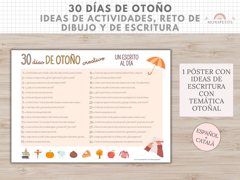 30 días de Otoño, Ideas Actividades para Niños, Reto Escritura y Dibujo, Descarga Digital, Imprimible Educativo, Español, Català, Educación imagen 5