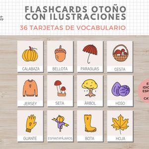 36 Flashcards Vocabulario Otoño, Dibujos, Imprimible Niños, Español i Català, Homeschooling, Descarga digital, Actividades Educacion imagen 1