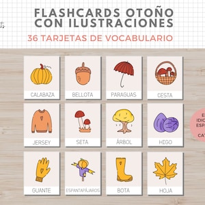 36 Flashcards Vocabulario Otoño, Dibujos, Imprimible Niños, Español i Català, Homeschooling, Descarga digital, Actividades Educacion imagen 1