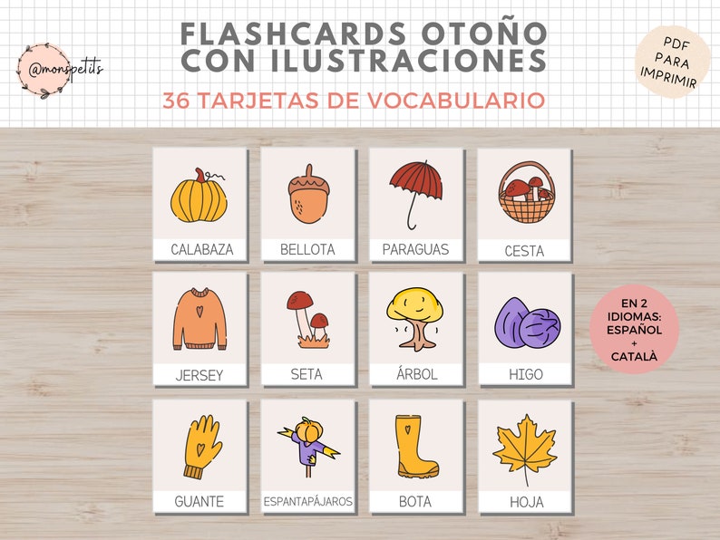 36 Flashcards Vocabulario Otoño, Dibujos, Imprimible Niños, Español i Català, Homeschooling, Descarga digital, Actividades Educacion imagen 1