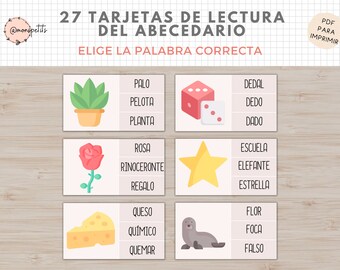 27 Tarjetas de Lectura, Abecedario, Lectoescritura, Imprimible Niños Español, Homeschooling, Descarga digital, Actividades Educacion