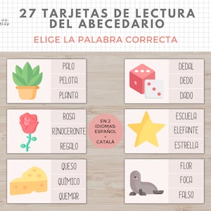27 Tarjetas de Lectura, Español, Catalán, Abecedario, Lectoescritura, Actividades Imprimible Niños, Homeschooling, Descarga digital,