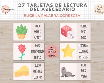 27 Tarjetas de Lectura, Español, Catalán, Abecedario, Lectoescritura, Actividades Imprimible Niños, Homeschooling, Descarga digital,