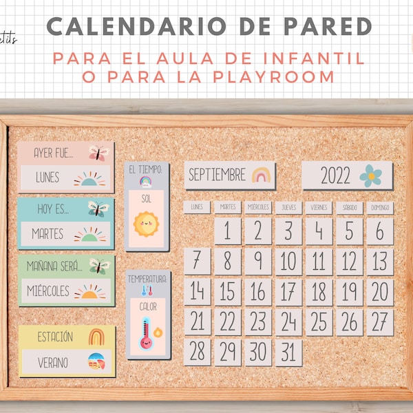 Calendario Grande de Pared, Aula o Playroom, Tiempo, Estación, Español, Català, Imprimible Educativo, Educacion Infantil, Homeschooling