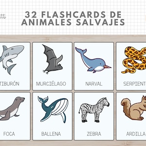 32 Flashcards Animales de Salvajes Castellano / Español - Vocabulario - Imprimible Educativo para Niños - Educacion Infantil