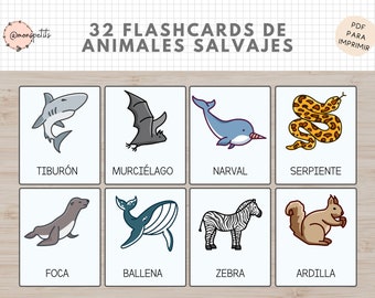 32 Flashcards Animales de Salvajes Castellano / Español - Vocabulario - Imprimible Educativo para Niños - Educacion Infantil