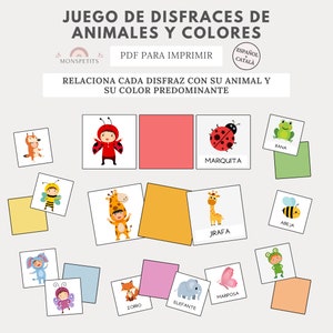 Juego Disfraces, Animales, Colores, Imprimible, Vocabulario, Niños, Educación Infantil, Descarga Digital PDF, Español, Català, Homeschooling