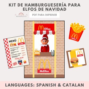 May include: A festive printable kit featuring a Christmas elf-themed fast-food restaurant, with the text "McElfs" and a menu. The image includes a red and white striped awning, a cash register, and a payment terminal. The menu lists various burger options.