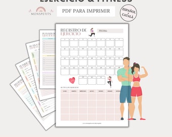 8 Plantillas Fitness Workout, Gym, Rutina Ejercicio Imprimible, Planner, Bullet Journal, Cuidado Personal, Descarga PDF, Español, Català