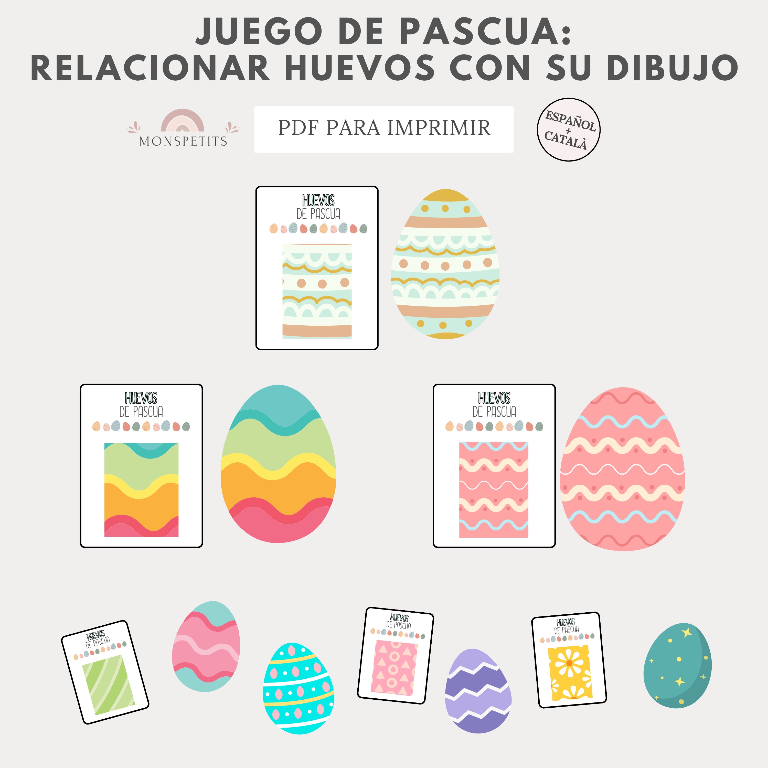 Juego Relacionar Huevos de Pascua con sus Patrones, Primavera, Imprimible, Educación Infantil, Descarga PDF, Español Català, Homeschooling