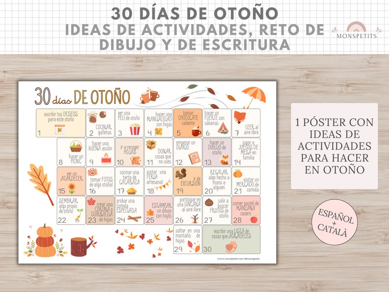 30 días de Otoño, Ideas Actividades para Niños, Reto Escritura y Dibujo, Descarga Digital, Imprimible Educativo, Español, Català, Educación imagen 1