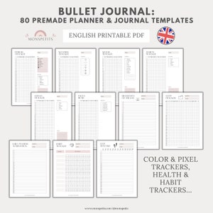 80 plantillas de diario de planificador prefabricadas, imprimibles, plantillas de seguimiento de Bullet Journal, inglés, año en píxeles, organización, descarga digital imagen 4