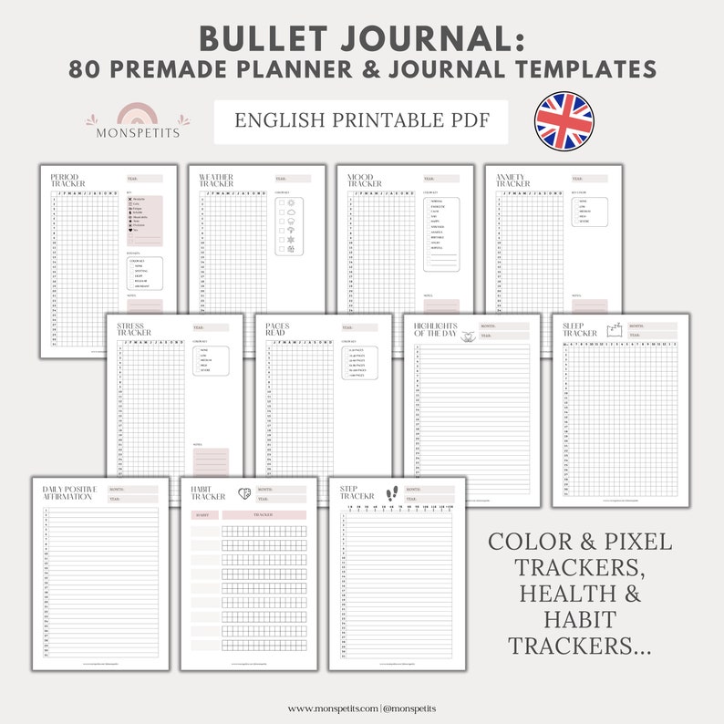 80 plantillas de diario de planificador prefabricadas, imprimibles, plantillas de seguimiento de Bullet Journal, inglés, año en píxeles, organización, descarga digital imagen 4